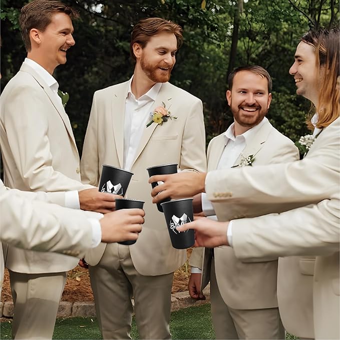 PartyGifts&beyond Groomsmen Gifts 7Pcs Groom Cups 16 Oz Groom Squad Cups for Bachelor Party Favors Stainless Steel Groomsmen Tumbler (LJ-Struggle)