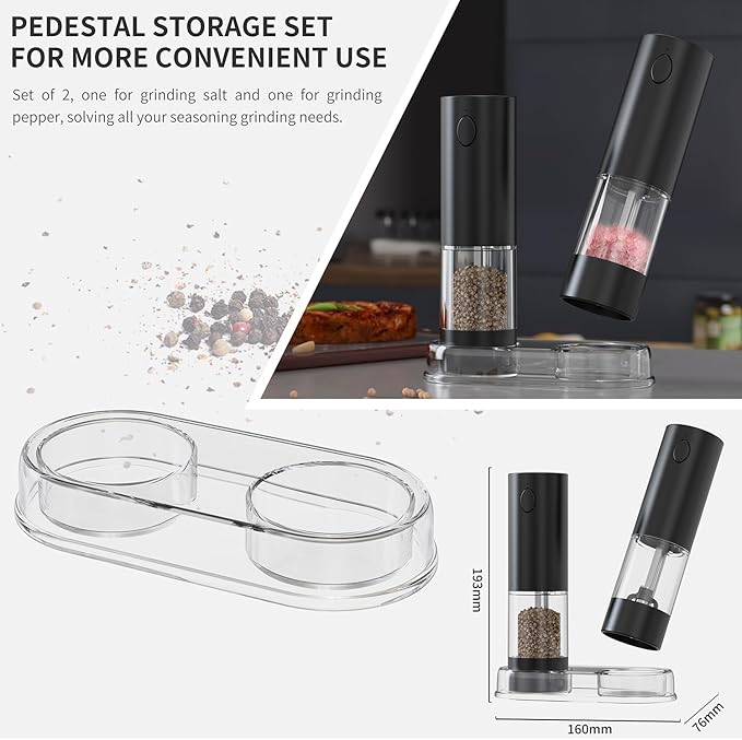 RECHARGEABLE - Electric Pepper and Salt Grinder Set, Adjustable Coarseness, With LED Light, One Hand Automatic Operation (A/Black)