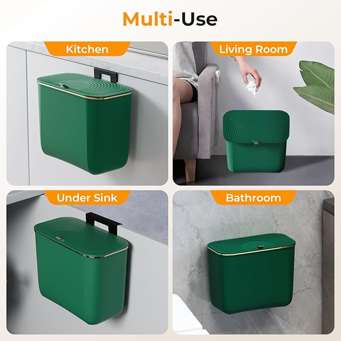1.9 Gallon Hanging Trash Can - Small Under Sink Trash Can with Lid, Wall Mounted Compost Bin for Kitchen Cupboard Countertop, Odor-Control, Extended Clamping Ring, PET Material, Green