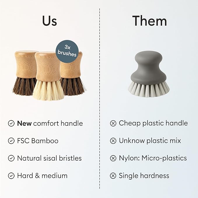 Vove Bamboo Scrub Brush Set, 3 Pack - FSC Certified Bamboo, Plastic-Free Natural Fiber Bristles, Sisal & Union Fibers, Stainless Steel - Kitchen Dish Scrubbing Set, 2 Hard, 1 Medium