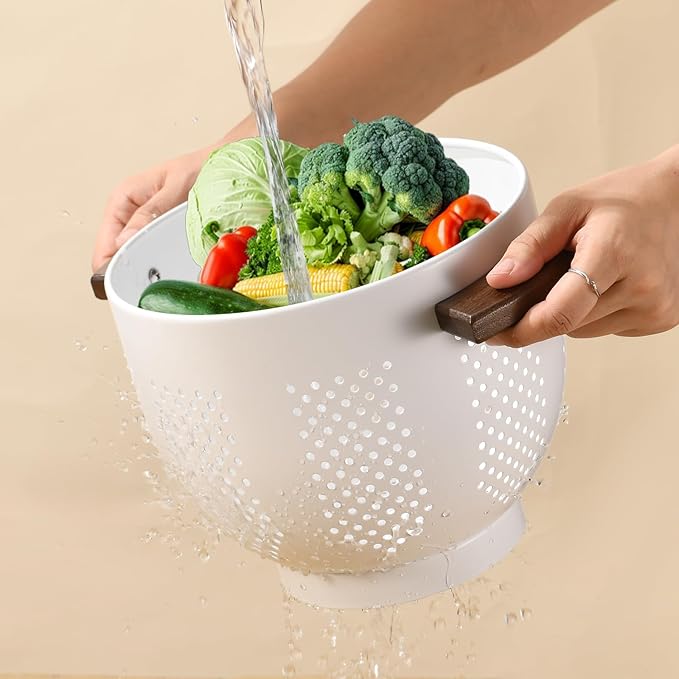 Metal Colander with Wood Handle & Self-Draining Base | 5.8QT Large Pasta Strainer for Kitchen | Scratch-Resistant Powder Coated Steel Basket for Vegetables, Fruit, Berries (White)