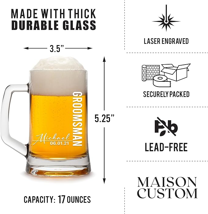 Groomsmen Gifts - Personalized Beer Mugs - Groomsmen Proposal Gift Idea - Customized Gift for Groom, Best Man, Groomsman - Custom Engraved Beer Mugs for Grooms Men - Groomsmen Beer Glasses (Design D)