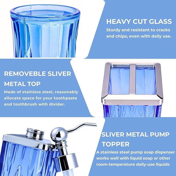 Bathroom Accessories Set,5 Pcs Blue Glass Bathroom Accessory Set,Complete Lotion Soap Dispenser, Toothbrush Holder,Soap Dish,Tumbler & Jar,Modern Bathroom Decor Sets,Gift for Home Apartment,Square