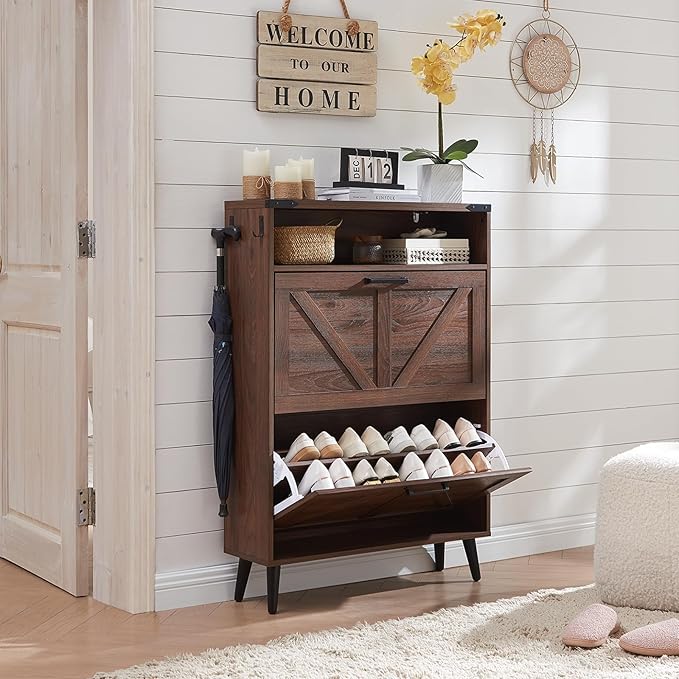Shoe Storage Cabinet,Farmhouse Shoe Organizer with 2 Flip Drawers & Barn Door Design,Freestanding Hidden Slim Narrow Shoe Rack Cabinet with Open Storage for Entryway, Foyer,Hallway, Walnut