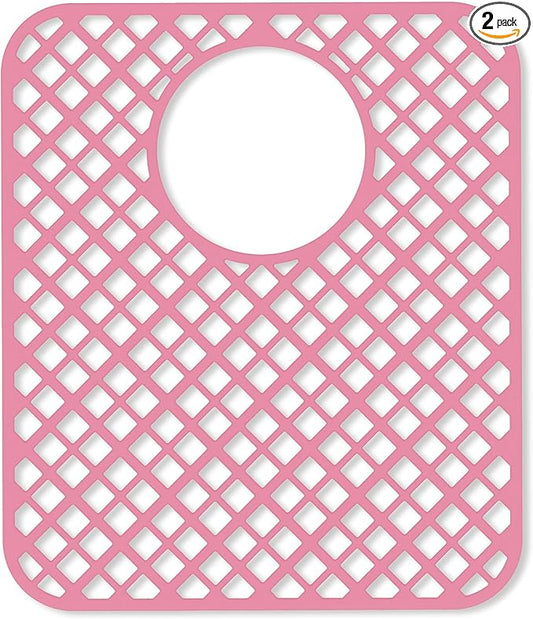 2 Pack Silicone Sink Protectors for Kitchen Sink, Lozenge Pattern 13 x 11 Inches Sink Mat, Non-Slip and Durable Sink Protector Silicone, Rear Drain, Pink