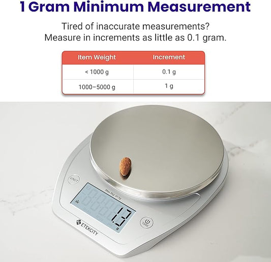 Etekcity 0.1g Food Kitchen Scale, Bowl, Digital Grams and Ounces for Weight Loss, Dieting, Baking, Cooking, and Meal Prep, 11lb/5kg, Stainless Steel Silver