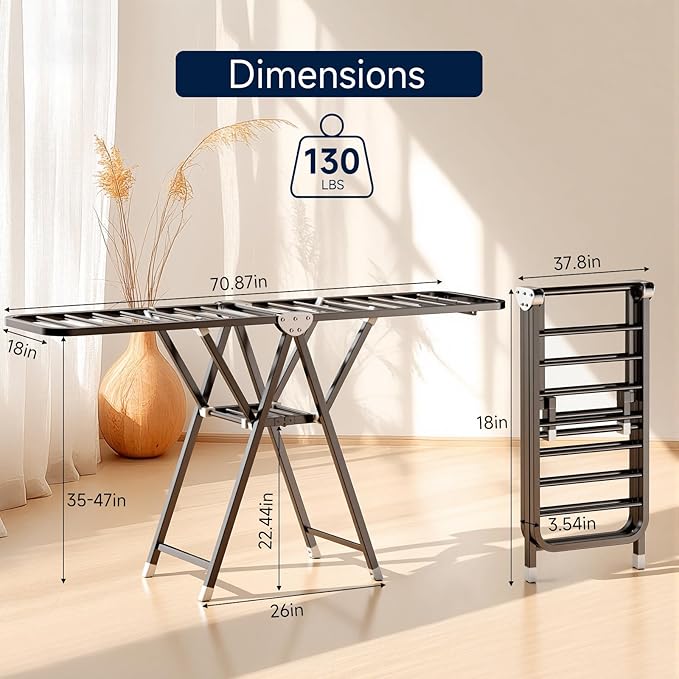 MIKEE Clothes Drying Rack,Stainless Steel Foldable Laundry Drying Rack for Indoor & Outdoor Use，with Height-Adjustable Wings，2-Tier Clothes Rack with Windproof Hanging Holes and Wheels，132 lb