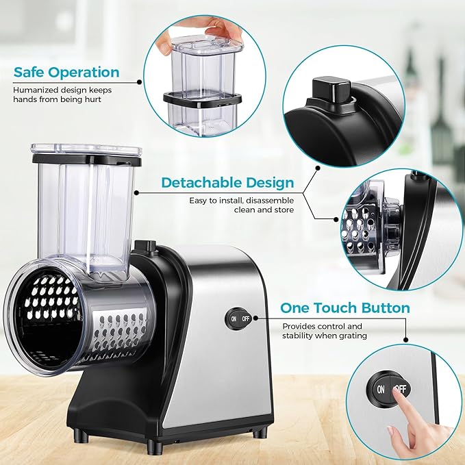Electric Cheese Grater, 5-in-1 Vegetable Slicer & Salad Maker with Stainless Steel Blades, 250W One-Touch Electric Cheese Shredder for Block Cheese, Vegetables, Fruits and Nuts