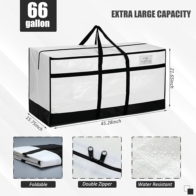 4 Pcs 66 Gallon Large Moving Bags with Zipper and Handles Foldable Storage Duffle Bags Heavy Duty Extra Large Totes for College Dorm Travel Clothes Blankets Bedding Moving (Black and White)