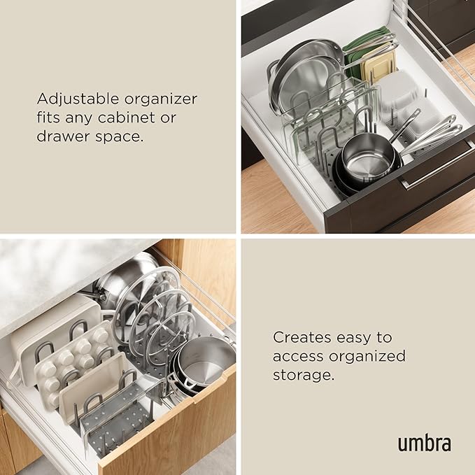 Umbra Peggy Kitchen Drawer Cupboard Organizer Tray - Adjustable Storage System For Food Containers, Cookware, Serveware, Utensils and More, Grey (Pack of 6)