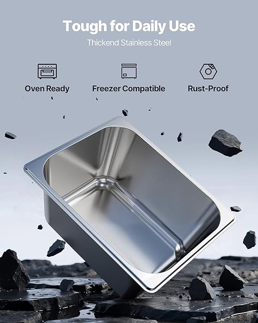 VEVOR 2 Pack Stainless Steam Hotel Pans, 1/2 Size Table Steam Pans With Lids, 6 Inch Deep, Anti Jam Restaurant Supplies Reusable Catering Storage for Home, Party, Restaurant, Hotel, Buffet