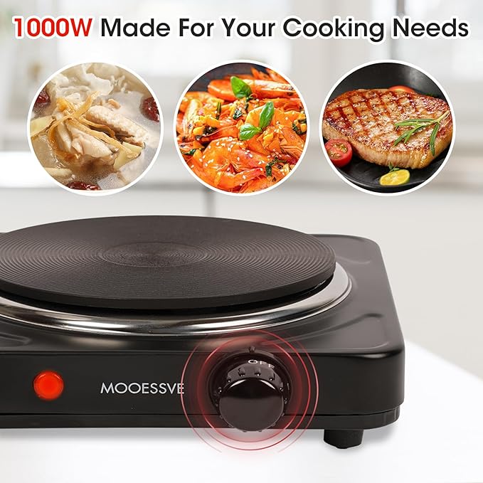 Countertop Single Cast Iron Burner 1000 Watts Electric Hot Plate with Adjustable Temperature 6.1" Cooktop for Dorm, Office, Home, Camp, Compatible for All Cookwares