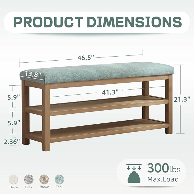 Shoe Rack Bench with Cushion, 2 Tier Solid Wood Storage Bench, Mid-Century Modern Shoe Bench for Entryway, Hallway, Closet, Front Door Entrance, Foyer (Teal, 46.5")
