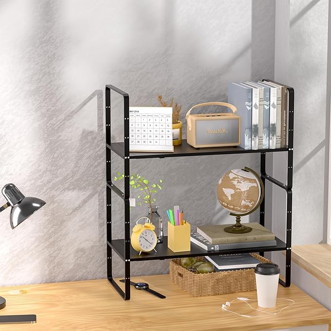 Redrubbit Expandable Cabinet Shelf Organizers, Stackable Kitchen Counter Shelves Spice Rack for Kitchen Bathroom Pantry Cupboard Desk Home Office, Metal Plate Heavy Duty Nonslip Black, Set of 2