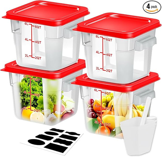 Airtight Square Food Storage Containers with Lids 4-Pack, Lock-Tight Seal for Flour, Sugar, Cereal, Keep Food Fresh, BPA-Free Stackable Kitchen Canisters with Measurements (Red, 6QT-4PACK)