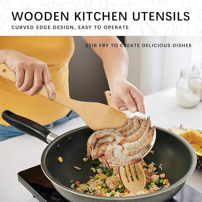 Wooden Spoons for Cooking, 4PCS Wooden Utensil Set Includes Slotted Spoon, Wooden Spoon & Wooden Spatula, Bamboo Cooking Utensils for Non-Stick Pans, Natural Bamboo Utensils