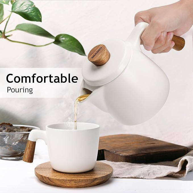 MIAMIO - Teapot Set with Warmer / 34 oz Tea Kettle with Infuser for Steeping Loose Tea Leaves - Gift for Women/Tea Lovers (White)