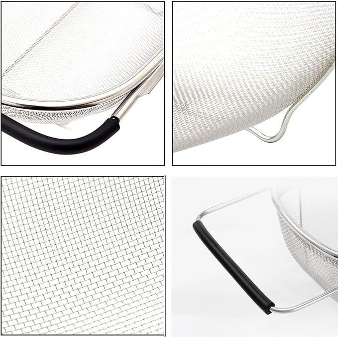 Over The Sink Colander, 4 Quarts Stainless Steel Oval Colander with Expandable Rubber Grip Handle, Fine Mesh Strainer Baskets Kitchen Colanders for Strain, Drain, Rinse Vegetable, Fruits, Black
