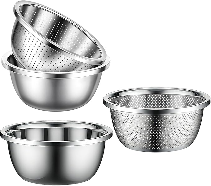 Stainless Steel Mixing Bowls, 4 Pack Rice Washer Strainer Bowl Large Mixing Bowl Salad Mixing Bow, Rice Cleaner Strainer Stainless Steel Colander For Washing Vegetables, Fruit, Rice, Straining Pasta