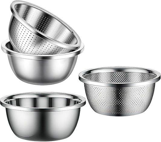 Stainless Steel Mixing Bowls, 4 Pack Rice Washer Strainer Bowl Large Mixing Bowl Salad Mixing Bow, Rice Cleaner Strainer Stainless Steel Colander For Washing Vegetables, Fruit, Rice, Straining Pasta