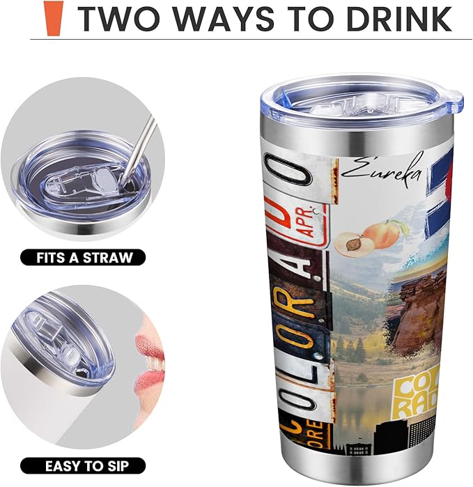 20oz Insulated Tumbler Colorado State Coffee Mug, United States Map Travel Mug Landmark, Birthday Gifts Cute Custom Tumbler Cups with Lid and Straw Mothers Day Gifts