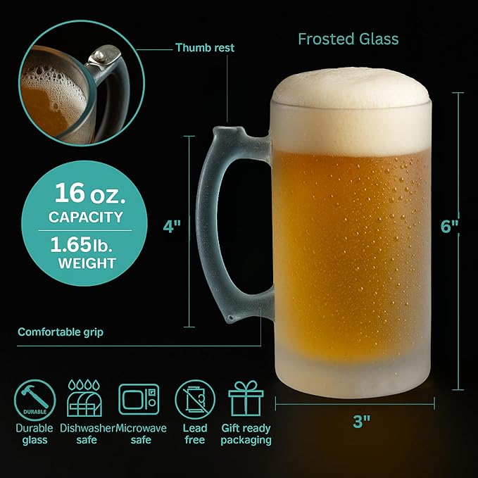 Beer Mugs for Freezer 8 Piece Set, 4 Heavy Beer Stein with Handle & 4 Plastic Shot Glasses Set for Men, 16 oz Mugs, Party Gift Set
