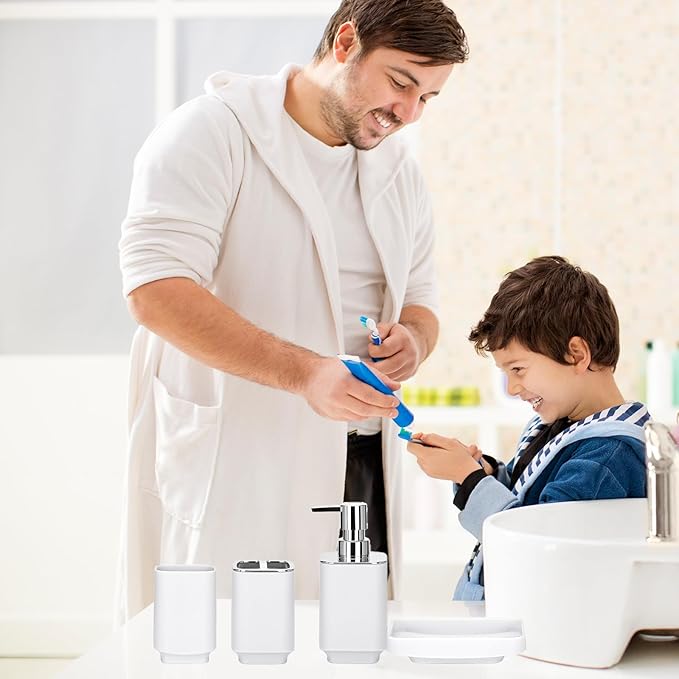 Bathroom Accessory Set 6 Piece Bathroom Accessories Set with Toothbrush Holder&Cup,Soap Dispenser& Dish,Toilet Brush Holder,Trash Can Plastic Gift Set for Bathroom Decorative Countertop（White