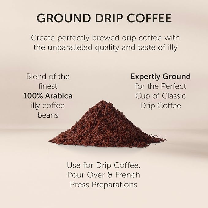 Illy Classico Ground Drip Coffee, Medium Roast, Classic Roast With Notes Of Chocolate & Caramel, 100% Arabica Coffee, No Preservatives, 8.8 Ounce (Pack Of 1)