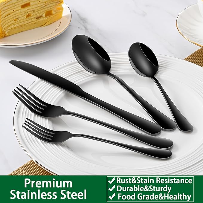 30 PCs Flatware Sets,Black Stainless Steel Silverware Sets Service For 6 Person,Durable Cutlery Sets For Home,Party,Restaurant,Tableware Cutlery Sets