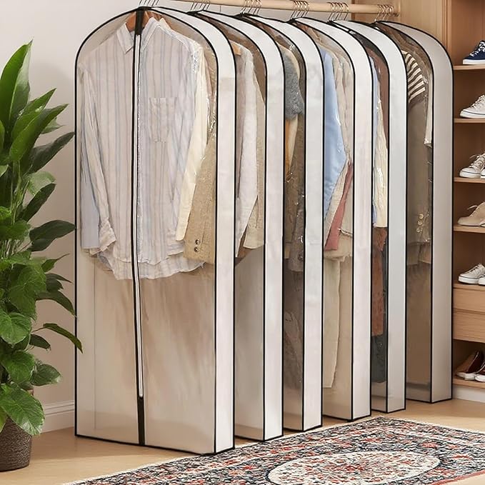 3 Pack 60" Long Plastic Garment Bags for Hanging Clothes, 4" Gusseted Clear Covers for Closet Storage Travel, Foldable Protector for Dress Shirt Gown Coat Suit Down Jacket