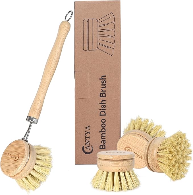 Bamboo Dish Brush with Handle 4 Replacement Heads, Eco Friendly Vegetable Scrubber, Compostable & Sustainable, Bamboo Dish Scrubber Brush for Cleaning Kitchen Utensils(Soft Bristles)