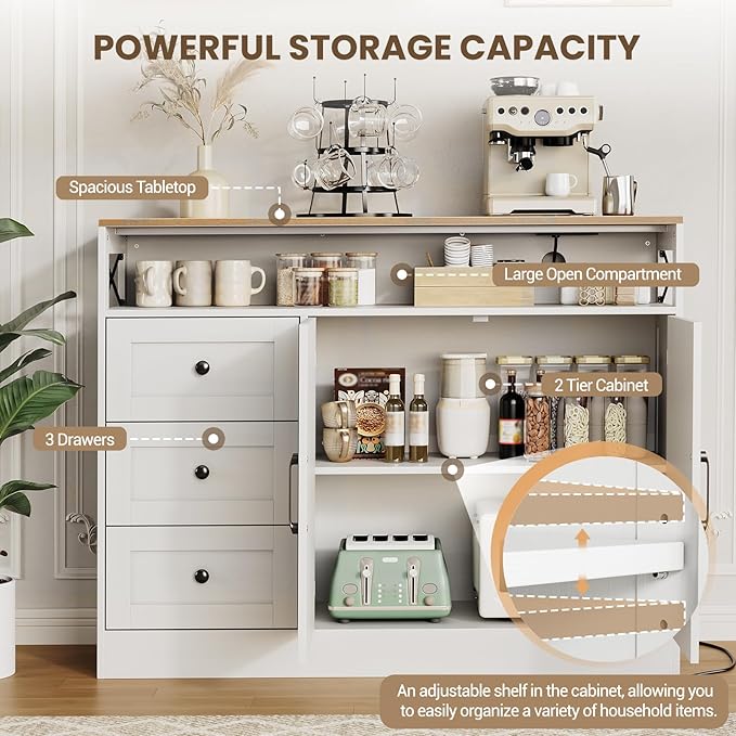 OUTLANE 47In Large Buffet Cabinet, Modern Farmhouse Sideboard with 3 Drawers, Wood Cupboard Storage Pantry Cabinet with 2 Barn Doors&Adjustable Shelf, Storage Cabinet for Living Room, Kitchen, White