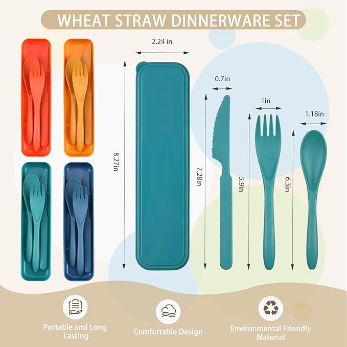Jinei 50 Sets Reusable Travel Utensils Set with Case Wheat Straw Cutlery Portable Spoon Knife Forks Lunch Box Accessories Friendly Tableware for Kids Adults Camping Utensils(Elegant)