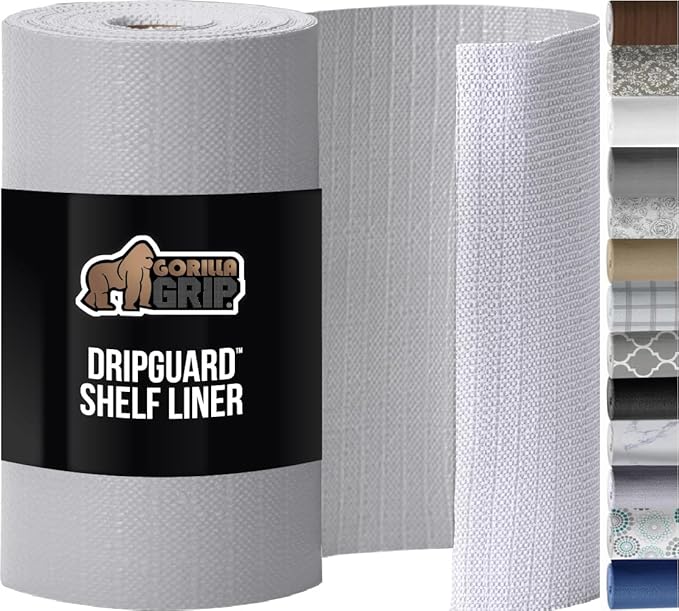 GORILLA GRIP DripGuard Shelf Liner, Non Adhesive Drawer and Kitchen Cabinet Protector, Slip Resistant BPA Free Smooth Surface Plastic Liners for Cabinets, Bathrooms, Closets, 12x120 Inch, Light Gray