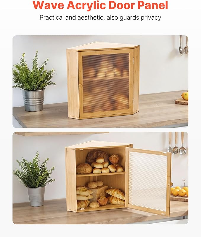 VEVOR Corner Bread Box for Kitchen Counter, Double Layer Large Capacity Bamboo Bread Storage Container, Farmhouse Wooden Breadbox for Homemade Bread, Storage Holder Bin with Acrylic Wavy Door, Natural