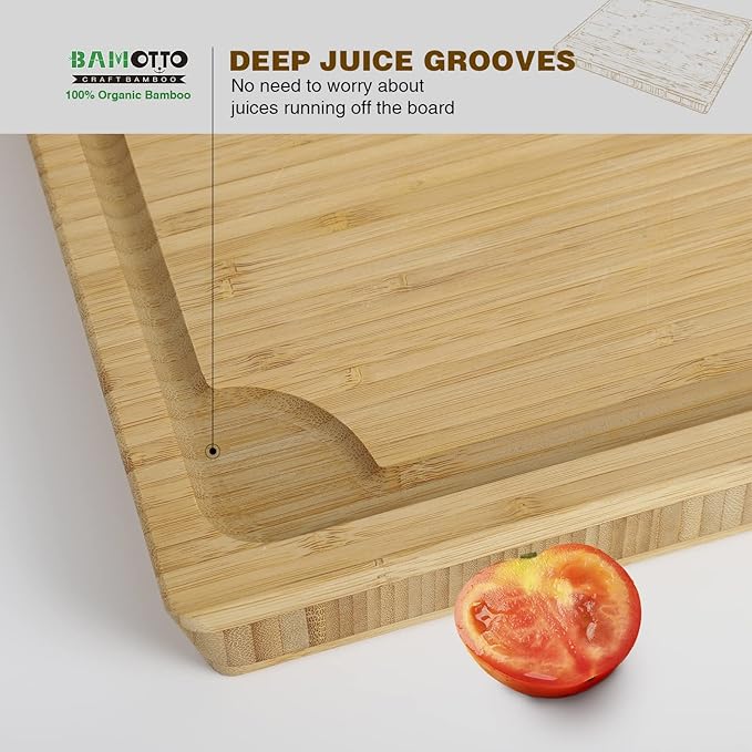 BAMOTTO 1.4" Thick Bamboo Cutting Board, Kitchen Heavy Duty Butcher Block Chopping Board with Juice Groove, for Meat, Turkey, Pork Ribs & Vegetables, 100% Organic Bamboo, 17.7" x 13.2"