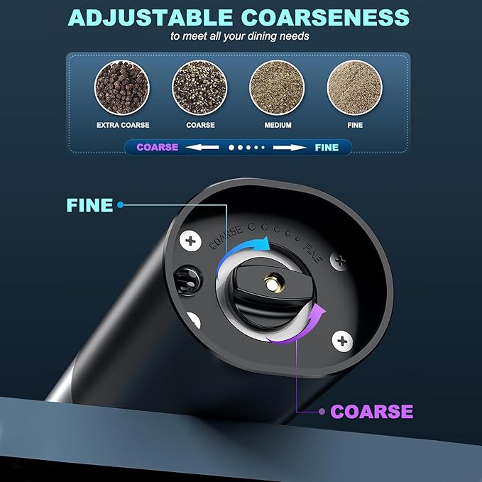Rechargeable Electric Salt and Pepper Grinder Set with Charging Base, DERGUAM Stainless Steel Pepper Grinder with Adjustable Coarseness and Led Light
