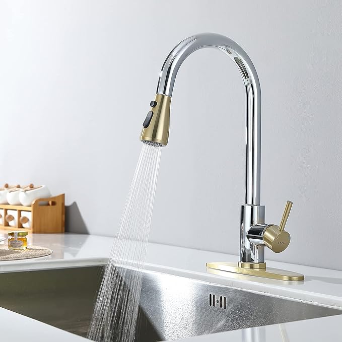 Keer Gold & Polished Chrome Single Handle Pull Down Kitchen Faucet with Soap Dispenser, 3 Modes Sprayer, Easy Assembly, Single Handle High Arc Stainless Steel Faucet