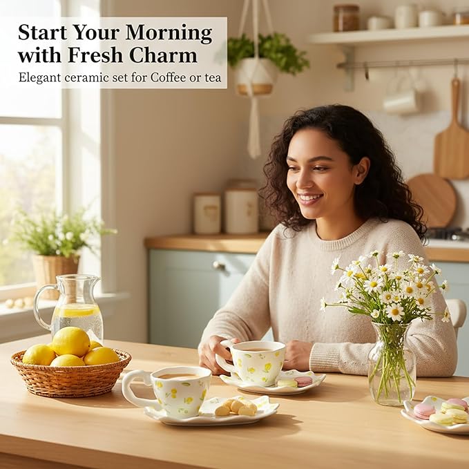 Unique Ceramic Coffee Mug, Cup and Saucer Set, Cute Fancy Girly Afternoon Tea Set Purse Gift, 5.4 oz/160 ml Yellow flowers