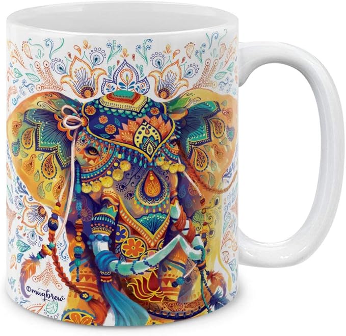 MUGBREW Watercolor Indian Boho Elephants Ceramic Coffee Mug Tea Cup, 11 OZ