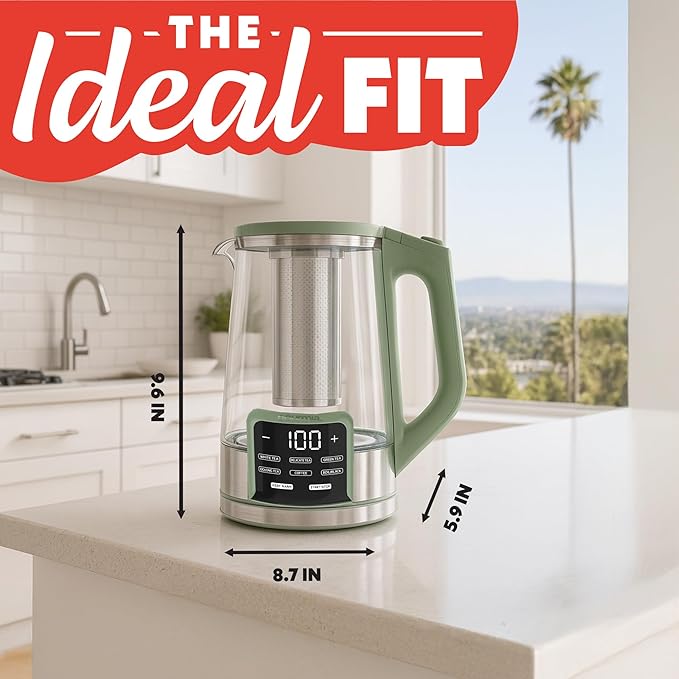 Gourmia Electric Programmable Glass Kettle – 1.7L Temperature Control Tea & Coffee Kettle with Digital Touch Display, 6 Presets, Keep Warm, Removable Stainless Steel Infuser, 360° Swivel Base – Green