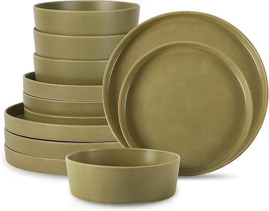 Stone by Mercer Project MODAN 12-Piece Stoneware Dinnerware Set, Plates and Bowls Sets, Dish Set for 4, Green