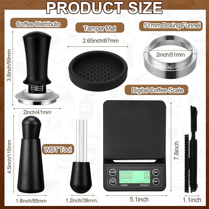 5 Pcs 51mm Espresso Accessories Kit, 3kg/0.1g Accurate Coffee Scale with Timer, Coffee Distributor Spring Loaded Calibrated Tamper WDT Tool and Dosing Funnel Set Fits 51 mm Espresso Machines