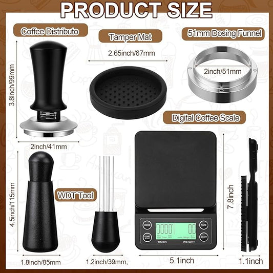 5 Pcs 51mm Espresso Accessories Kit, 3kg/0.1g Accurate Coffee Scale with Timer, Coffee Distributor Spring Loaded Calibrated Tamper WDT Tool and Dosing Funnel Set Fits 51 mm Espresso Machines