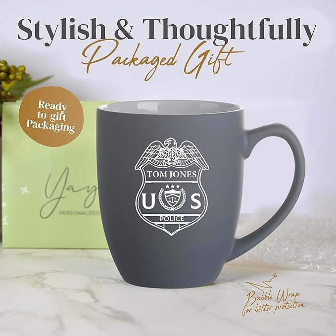 Custom Coffee Mug - Personalized Police Officer Coffee Gifts with Engraved Name & Number, Gift for Men Dad Retirement Police Officer Law Enforcement