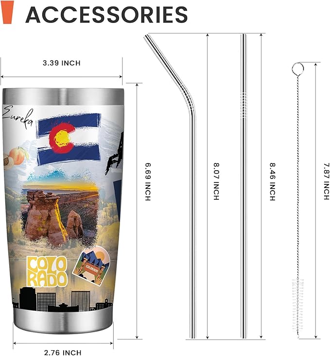 20oz Insulated Tumbler Colorado State Coffee Mug, United States Map Travel Mug Landmark, Birthday Gifts Cute Custom Tumbler Cups with Lid and Straw Mothers Day Gifts