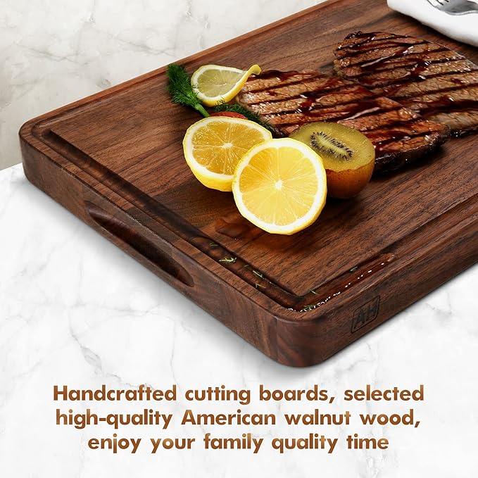 AZRHOM Walnut Wood Cutting Board, 17x11in Large Wooden Chopping Boards with Deep Juice Groove and Side Handle, Thick Butcher Block for Kitchen Meat Cheese Gift for Wife Mom (Gift Box)