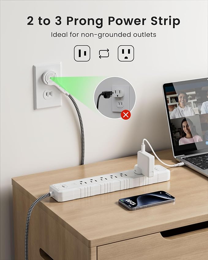 2 Prong to 3 Prong Outlet Adapter, LENCENT 2 Prong Power Strip, 1050J 2 Prong Flat Plug Surge Protector, 6ft Extension Cord, 6 AC Outlets & 4 USB(1 Type-C), Ideal for Non-Grounded Outlets