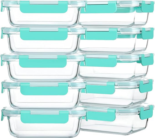 M MCIRCO [10-Pack,22 Oz Glass Meal Prep Containers,Glass Food Storage Containers with lids,Glass Lunch Containers,Microwave, Oven, Freezer and Dishwasher, Green