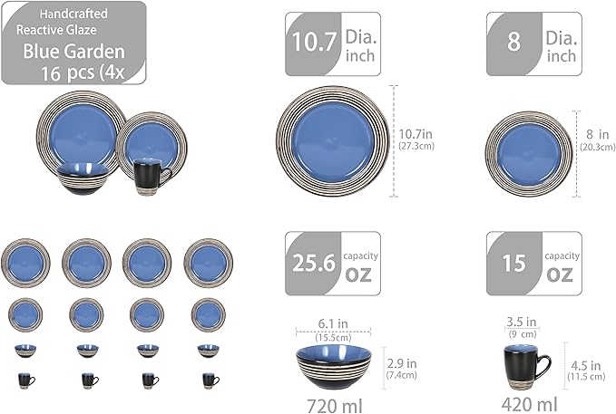 16 Piece Dinnerware Set, Ceramic Plates and Bowls Sets for 4, Microwave and Dishwasher Safe, Handcrafted Tree Bark Series Dish Set, Blue